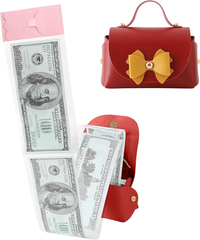 SESENSE Money Box for Cash, Leather Bowknot Money Pull Box for Cash Surprise Box Mini Bags with 30 Pcs Transparent Bags for Christmas Party Birthday - Image 1
